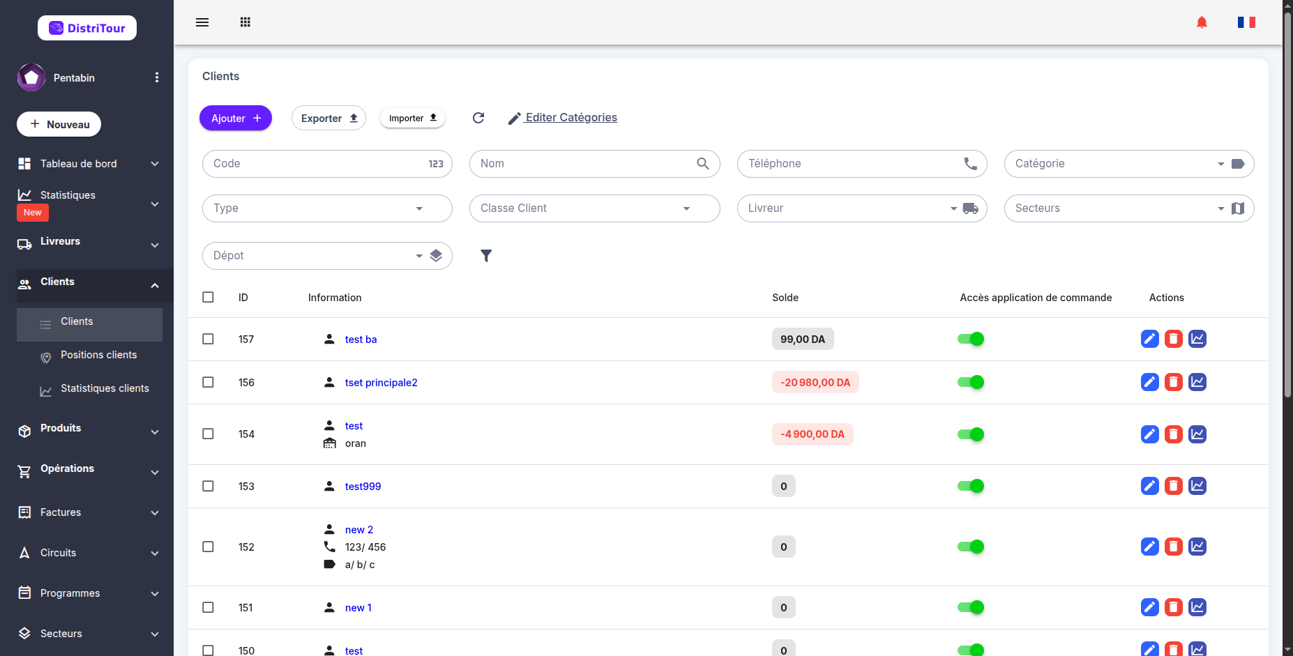 Client list with action buttons